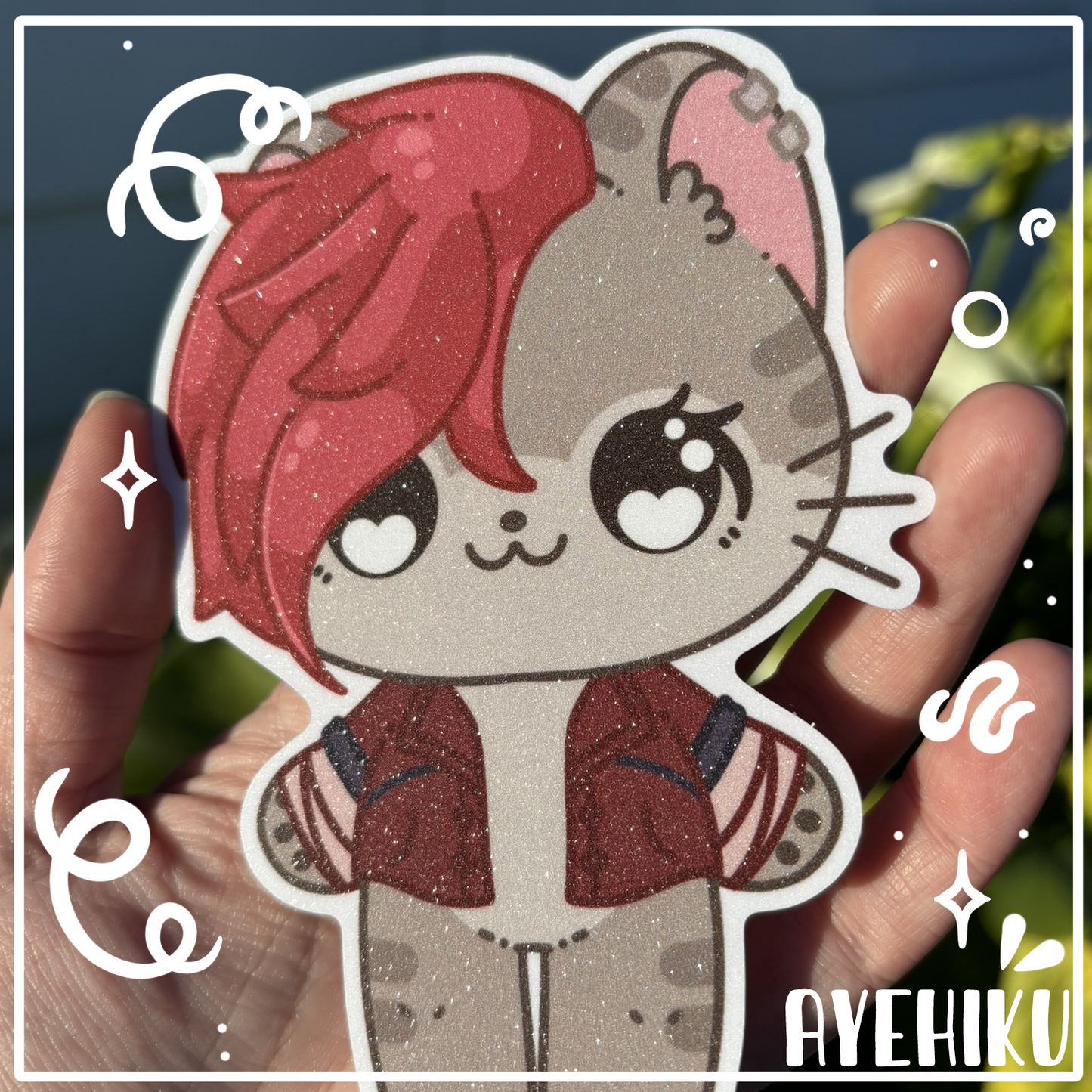 Vi Cat Cute 5 Inch Vinyl Glitter Sticker | Kitty | Kawaii | Anime